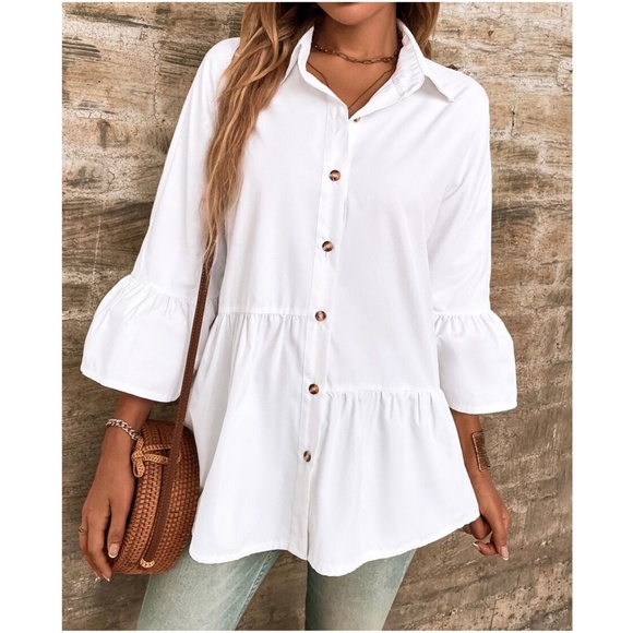 Boho Button Down Ruffle Sleeve Oversized Shirt - Picture 4 of 5